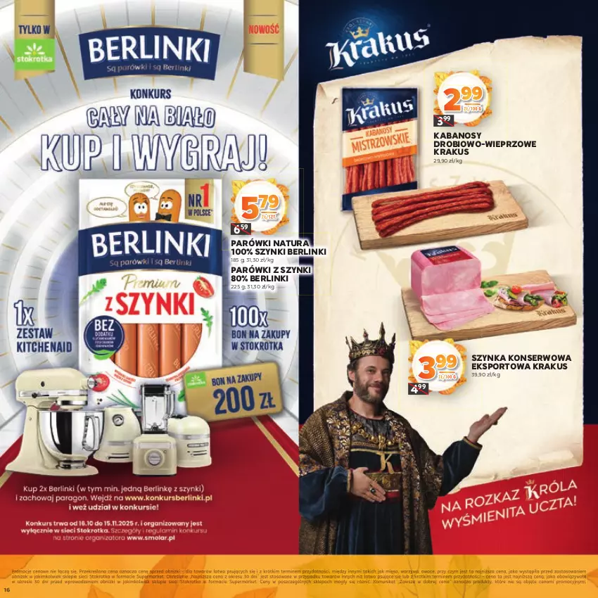 Gazetka promocyjna Stokrotka - Katalog Jesiennie Inspiracje! - ważna 16.10 do 29.10.2025 - strona 16 - produkty: Berlinki, Kabanos, Krakus, Mięso, Owoce, Parówki, Parówki z szynki, Por, Ser, Sport, Szynka, Szynka konserwowa, Warzywa