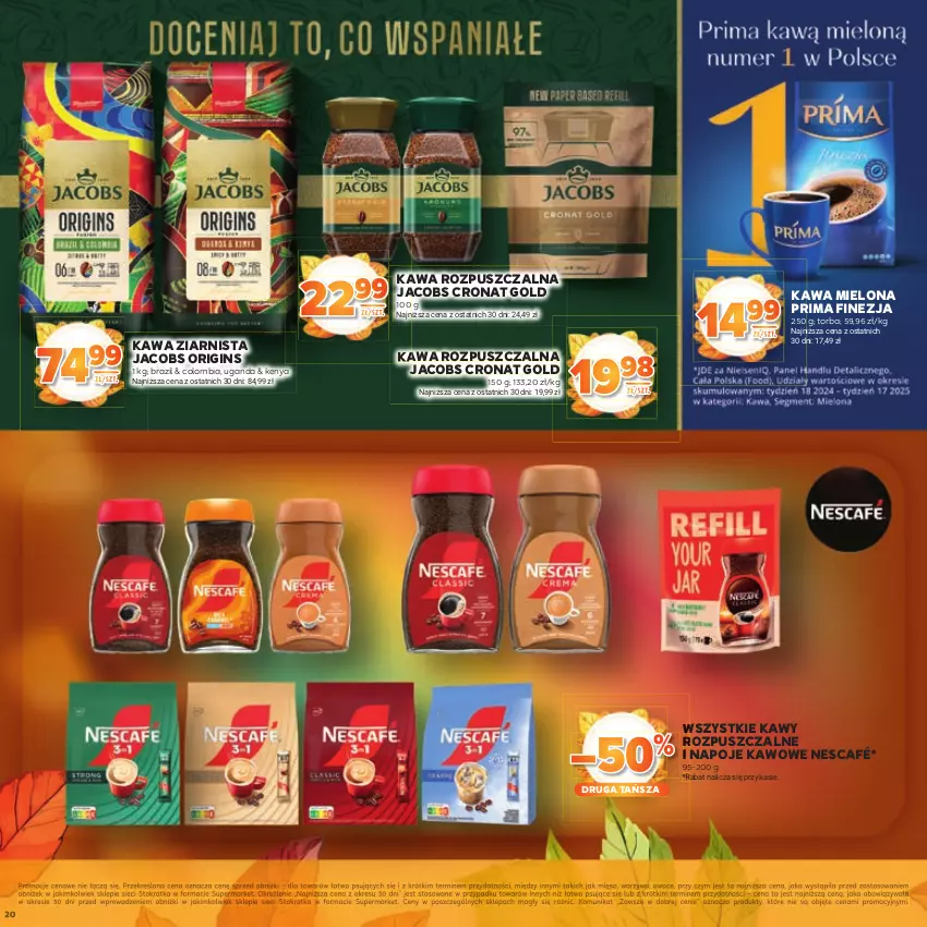 Gazetka promocyjna Stokrotka - Katalog Jesiennie Inspiracje! - ważna 16.10 do 29.10.2025 - strona 20 - produkty: Gin, Jacobs, Kawa, Kawa mielona, Kawa rozpuszczalna, Kawa ziarnista, Mięso, Napoje, Nescafé, Owoce, Prima, Torba, Warzywa