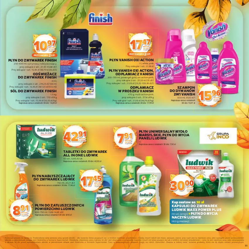 Gazetka promocyjna Stokrotka - Katalog Jesiennie Inspiracje! - ważna 16.10 do 29.10.2025 - strona 35 - produkty: Do mycia naczyń, Dywan, Finish, Ludwik, Mars, Mięso, Mydło, Odplamiacz, Owoce, Płyn do mycia, Płyn do mycia naczyń, Płyn do mycia paneli, Płyn nabłyszczający, Sól, Szampon, Tablet, Vanish, Warzywa