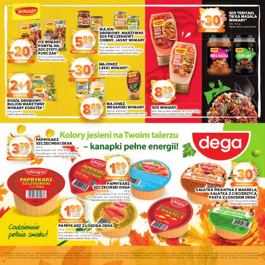 Gazetka promocyjna Stokrotka - Katalog Jesiennie Inspiracje! - ważna 16.10 do 29.10.2025 - strona 4 - produkty: Bulion, Dega, Gra, Kogut, Kurczak, Lion, Majonez, Makrelą, Mięso, Owoce, Papryka, Paprykarz, Paprykarz szczeciński, Piec, Rosół, Rosół drobiowy, Sałat, Sałatka, Sos, Sos pieczeniowy, Warzywa, Winiary