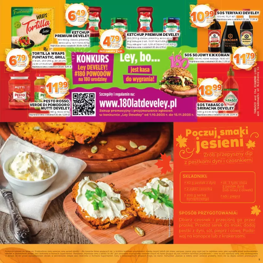 Gazetka promocyjna Stokrotka - Katalog Jesiennie Inspiracje! - ważna 16.10 do 29.10.2025 - strona 5 - produkty: Czosnek, Grill, Ketchup, Mięso, Olej, Owoce, Pesto, Pieprz, Ser, Serek, Sól, Sos, Sos sojowy, Sos tabasco, Stek, Tortilla, Warzywa