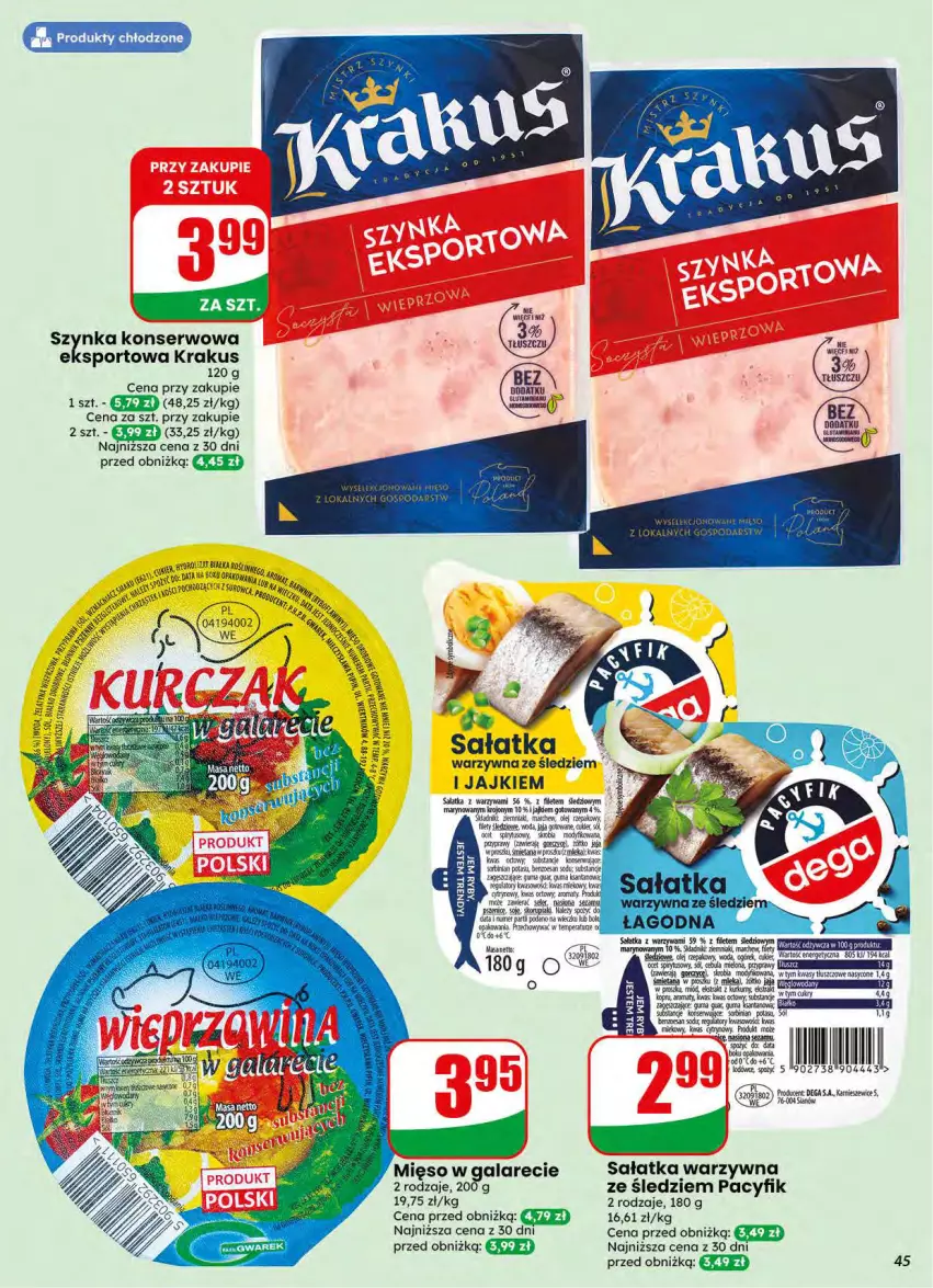 Gazetka promocyjna Dino - Gazetka 34 / 2026 - ważna 19.08 do 25.08.2026 - strona 45 - produkty: Cebula, Cukier, Dega, Fa, Gala, Krakus, Kwas cytrynowy, Mięso, Mięso w galarecie, Mleko, Mop, Ogórek, Olej, Por, Sałat, Sałatka, Sałatka warzywna, Ser, Sól, Sport, Szynka, Szynka konserwowa, Warzywa, Woda, Ziemniaki