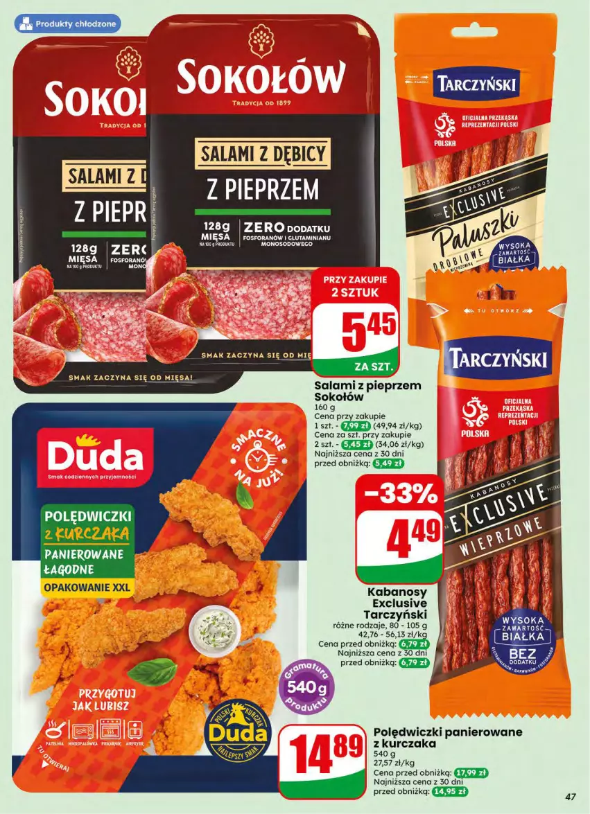 Gazetka promocyjna Dino - Gazetka 34 / 2026 - ważna 19.08 do 25.08.2026 - strona 47 - produkty: Kabanos, Kurczak, Pieprz, Polędwiczki panierowane, Salami, Sok, Sokołów, Tarczyński