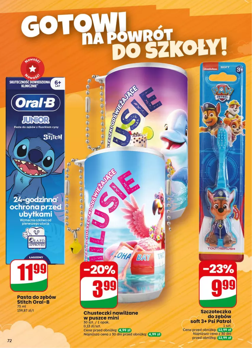 Gazetka promocyjna Dino - Gazetka 34 / 2026 - ważna 19.08 do 25.08.2026 - strona 72 - produkty: Chusteczki, Pasta do zębów, Psi Patrol, Szczoteczka