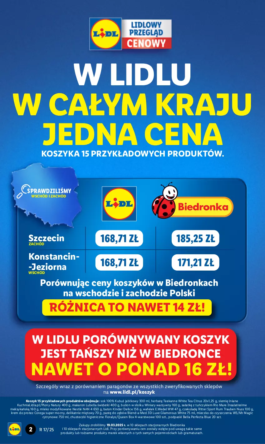 Gazetka promocyjna Lidl - GAZETKA - ważna 22.04 do 27.04.2025 - strona 2 - produkty: Baton, Bell, Bella, Blend-a-Med, Bulion, Chusteczki, Corega, Flora, Gra, Kinder, Kosz, Kubuś, Kuchnia, Lion, Lubella, Makaron, Mleczko, Mleko, Mleko modyfikowane, Nestlé, Perfecta, Podpaski, Por, Rama, Rio Mare, Ritter Sport, Rum, Sałat, Sok, Sport, Teekanne, Tuńczyk, Wafelek, Winiary