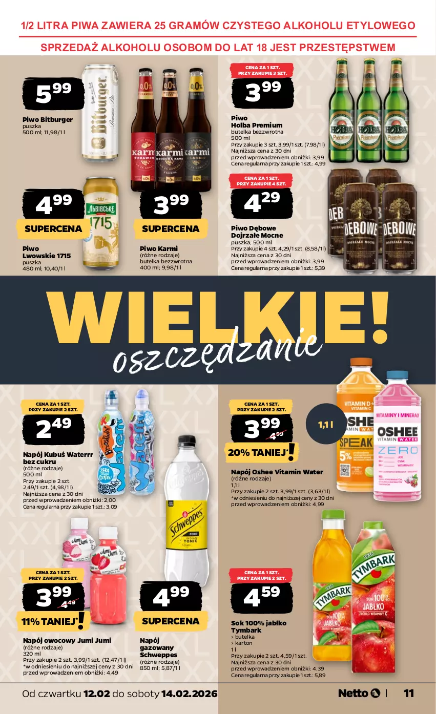 Gazetka promocyjna Netto - Od Czwartku - ważna 12.02 do 14.02.2026 - strona 11 - produkty: Burger, Gra, Karmi, Kubuś, Kubuś Waterrr, Napój, Napój gazowany, Oshee, Piwa, Piwo, Schweppes, Sok, Tymbark