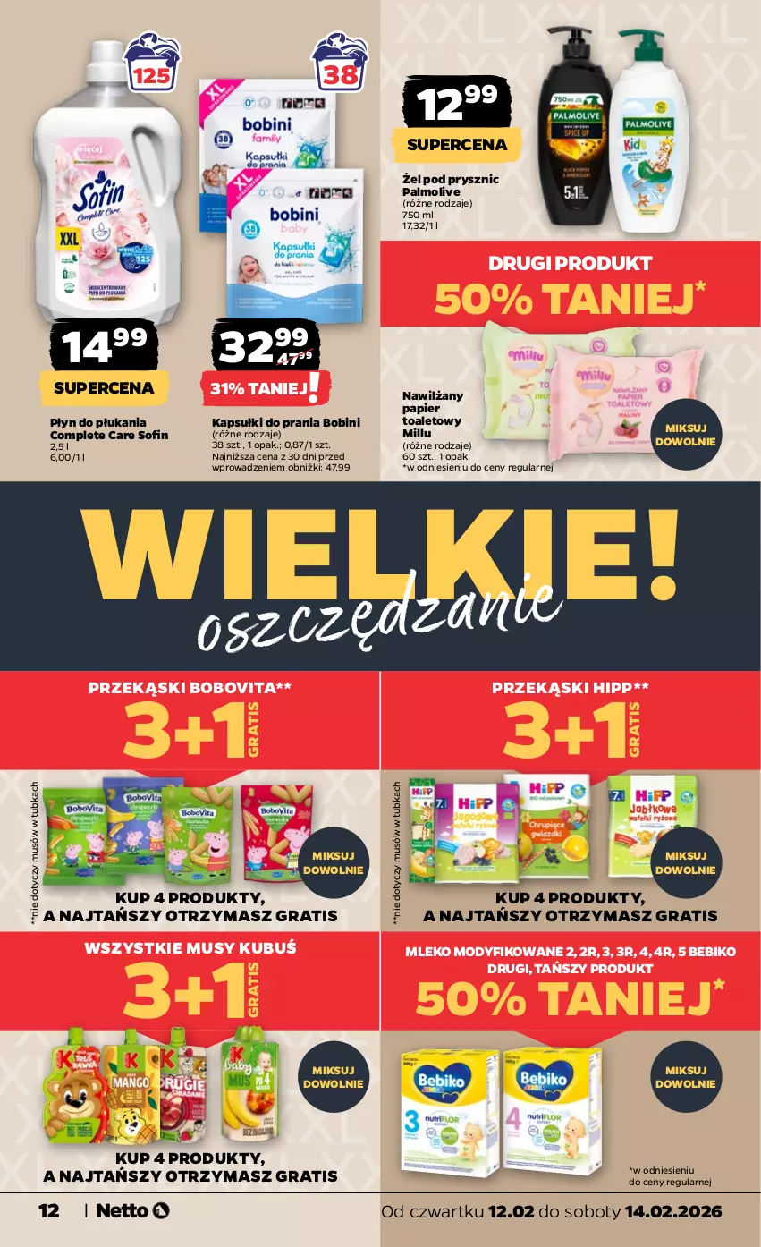 Gazetka promocyjna Netto - Od Czwartku - ważna 12.02 do 14.02.2026 - strona 12 - produkty: Bebiko, BoboVita, Gra, HiPP, Kapsułki do prania, Kubuś, Mleko, Mleko modyfikowane, Mus, Nawilżany papier, Palmolive, Papier, Papier toaletowy, Płyn do płukania
