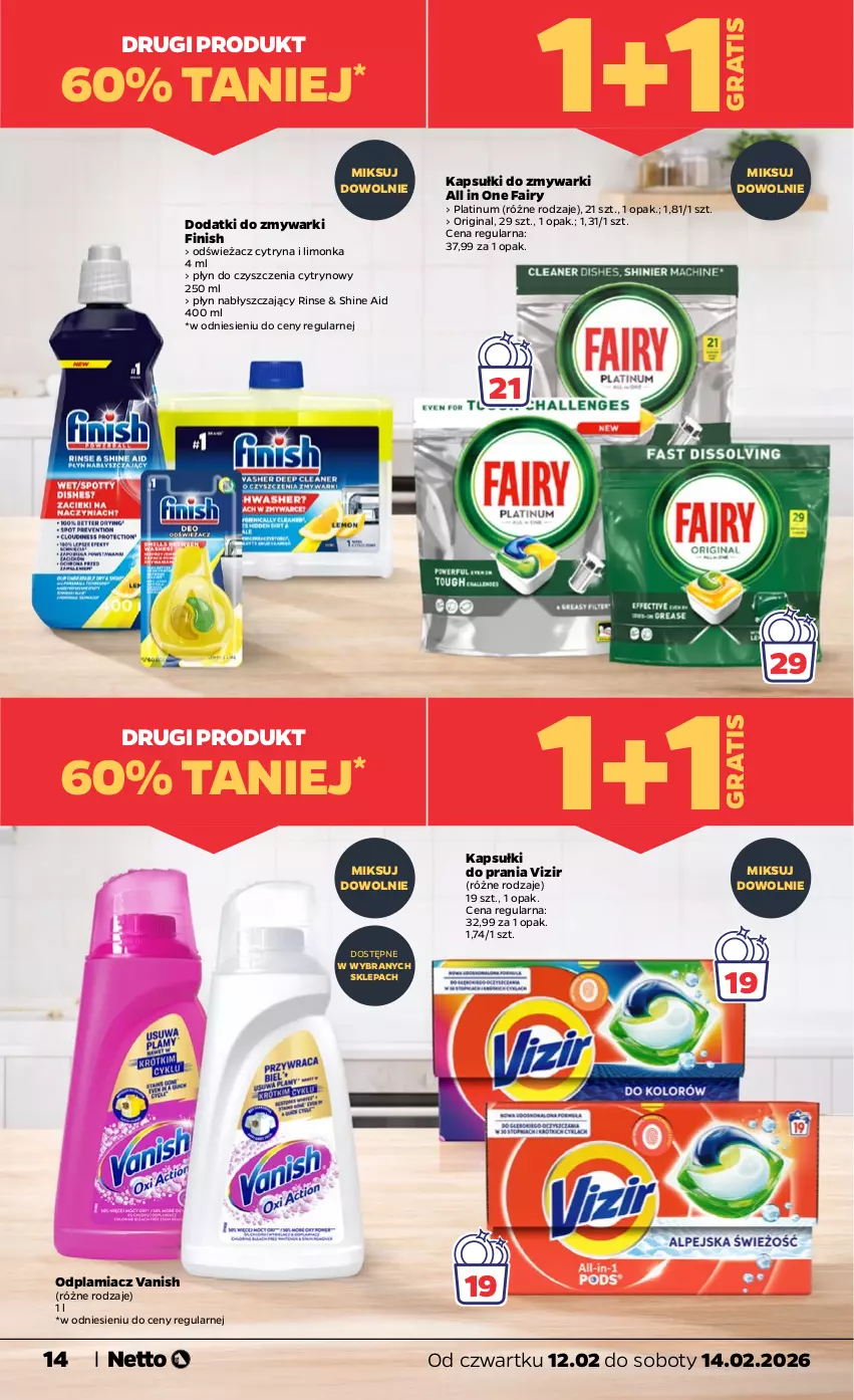 Gazetka promocyjna Netto - Od Czwartku - ważna 12.02 do 14.02.2026 - strona 14 - produkty: Fa, Fairy, Finish, Gin, Gra, Kapsułki do prania, Limonka, Odplamiacz, Płyn nabłyszczający, Vanish, Vizir, Zmywarki