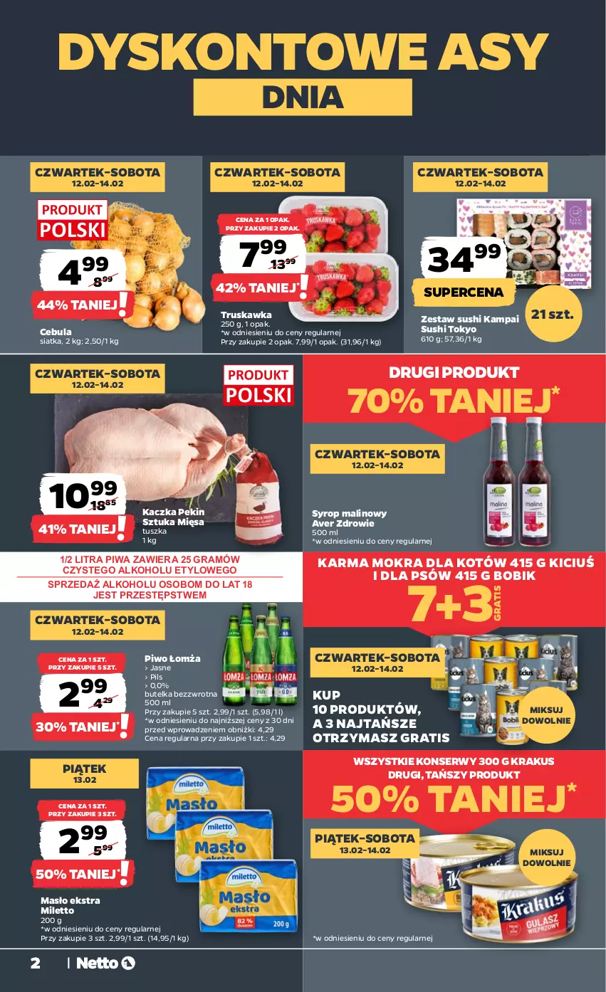 Gazetka promocyjna Netto - Od Czwartku - ważna 12.02 do 14.02.2026 - strona 2 - produkty: Cebula, Gra, Kaczka, Karma mokra dla kotów, Krakus, Masło, Piwa, Piwo, Ser, Siatka, Sushi, Syrop, Tusz, Zdrowie