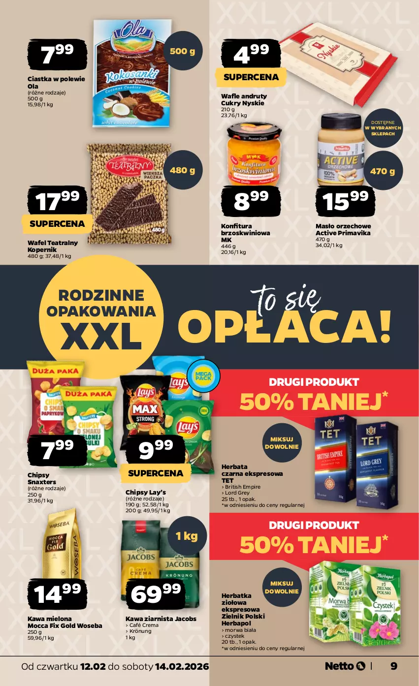 Gazetka promocyjna Netto - Od Czwartku - ważna 12.02 do 14.02.2026 - strona 9 - produkty: Brit, Chipsy, Ciastka, Herbapol, Herbata, Herbata czarna, Jacobs, Kawa, Kawa mielona, Kawa ziarnista, Konfitura, Lay’s, Masło, Masło orzechowe, Mocca Fix Gold, Prima, Primavika, Stek, Wafle, Woseba