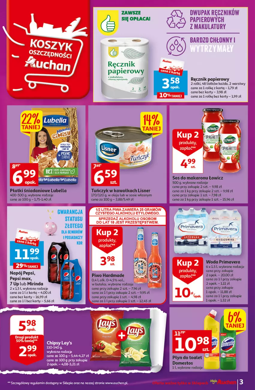 Gazetka promocyjna Auchan - Gazetka Wielkie majowe odkrycia cenowe część #3 Moje Auchan - ważna 11.05 do 17.05.2023 - strona 3 - produkty: 7up, Bell, Bella, Danio, Domestos, Fa, Kawa, Lisner, Lubella, Makaron, Mirinda, Napój, Olej, Papier, Pepsi, Pepsi max, Piwo, Prima, Primavera, Ręcznik, Rolki, Sos, Tuńczyk, Woda