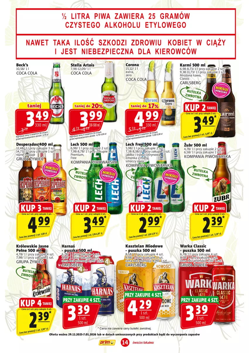 Gazetka promocyjna Prim Market - ważna 29.12.2025 do 07.01.2026 - strona 14 - produkty: Bezy, Carlsberg, Desperados, Fa, Gra, Harnaś, Karmi, Kasztelan, Kawa, Królewski, Miód, Warka