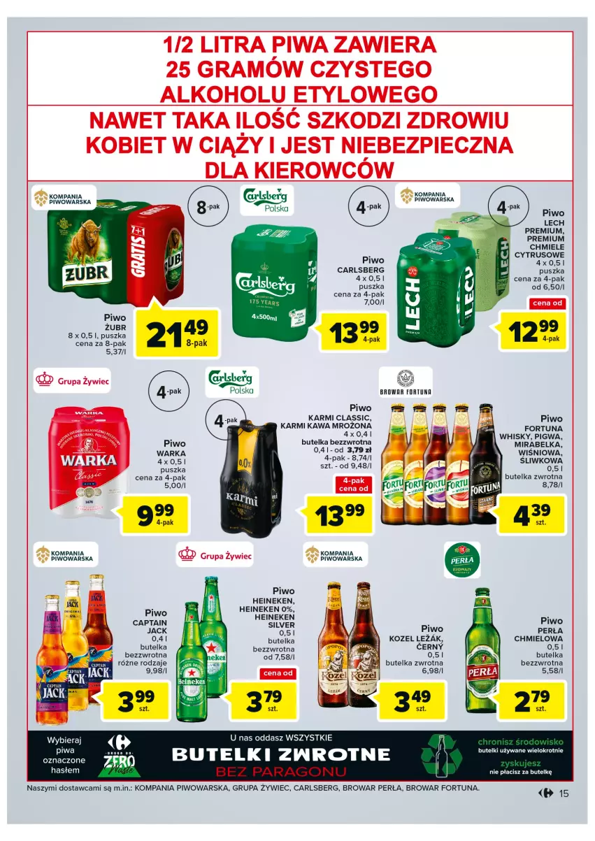 Gazetka promocyjna Carrefour - Gazetka Carrefour - ważna 25.10 do 05.11.2022 - strona 15 - produkty: Carlsberg, Fortuna, Gra, Heineken, Karmi, Kawa, Kozel, Lech Premium, Perła, Piec, Piwa, Piwo, Whisky