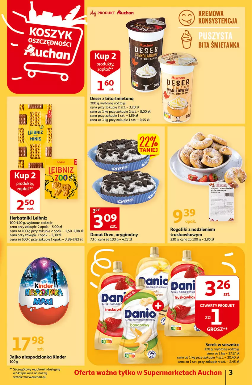 Gazetka promocyjna Auchan - Gazetka Oferty tygodnia Supermarket Auchan - ważna 25.05 do 31.05.2023 - strona 3 - produkty: Danio, Deser, Donut, Gin, Herbatniki, Kinder, Oreo, Rogal, Ser, Serek, Serek homogenizowany