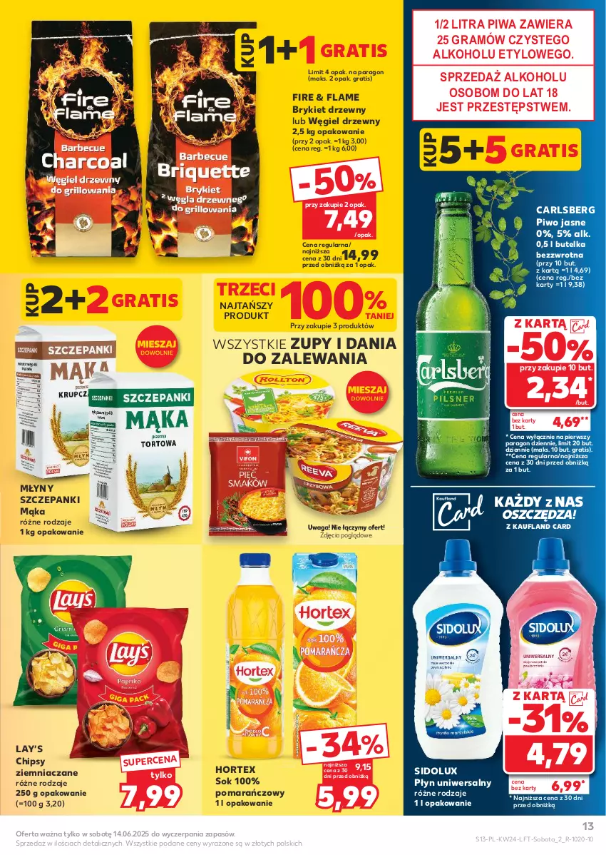 Gazetka promocyjna Kaufland - Gazetka tygodnia - ważna 12.06 do 17.06.2025 - strona 13 - produkty: Brykiet drzewny, Carlsberg, Chipsy, Gra, Hortex, Lay’s, Mąka, Piwa, Piwo, Piwo jasne, Sidolux, Sok, Waga, Węgiel drzewny