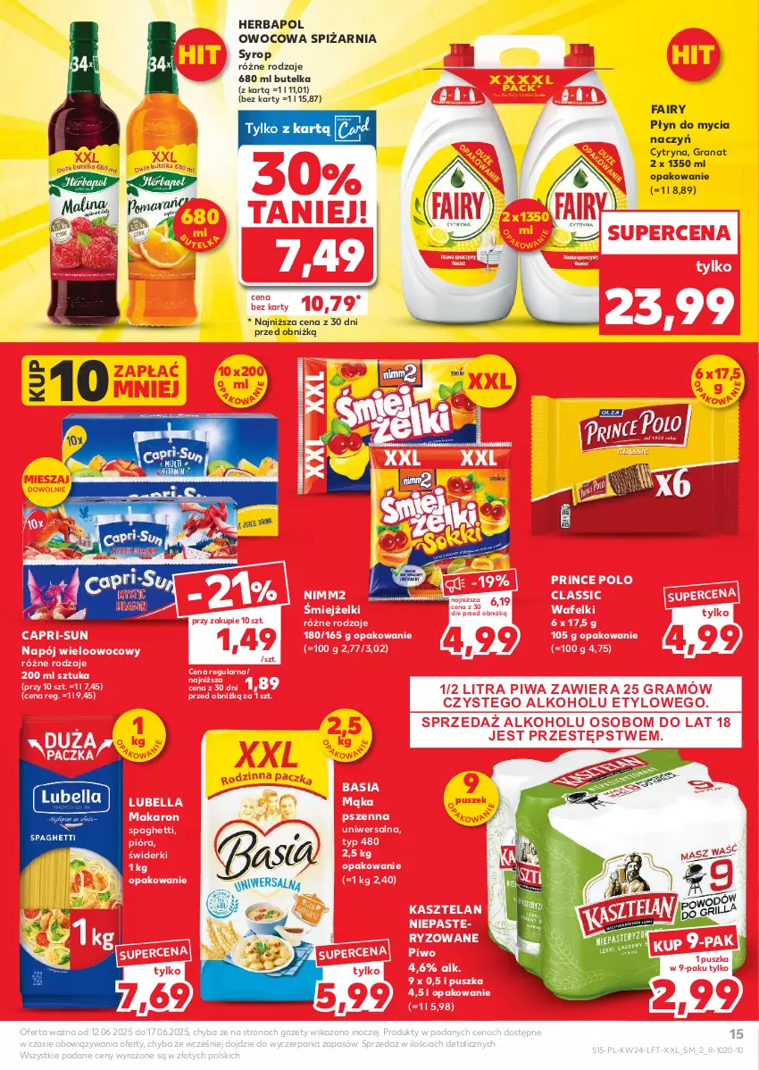 Gazetka promocyjna Kaufland - Gazetka tygodnia - ważna 12.06 do 17.06.2025 - strona 15 - produkty: Basia, Bell, Bella, Do mycia naczyń, Fa, Fairy, Gra, Granat, Herbapol, Kasztelan, Lubella, Mąka, Mąka pszenna, Makaron, Napój, Nimm2, Piwa, Piwo, Płyn do mycia, Płyn do mycia naczyń, Prince Polo, Spaghetti, Syrop