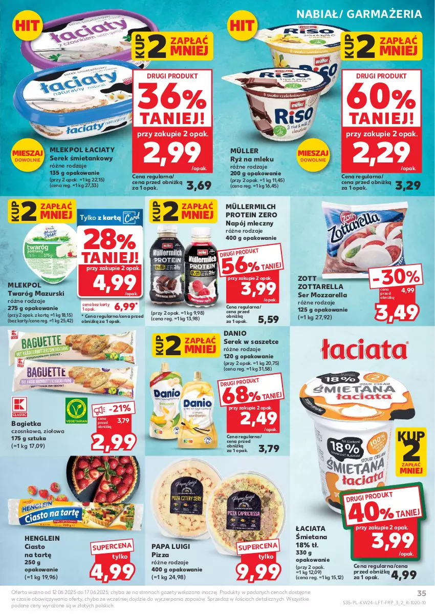 Gazetka promocyjna Kaufland - Gazetka tygodnia - ważna 12.06 do 17.06.2025 - strona 35 - produkty: Bagietka, Bagietka czosnkowa, Danio, Mozzarella, Müller, Müllermilch, Napój, Napój mleczny, Pizza, Ryż, Ryż na mleku, Ser, Serek, Twaróg, Zott, Zottarella
