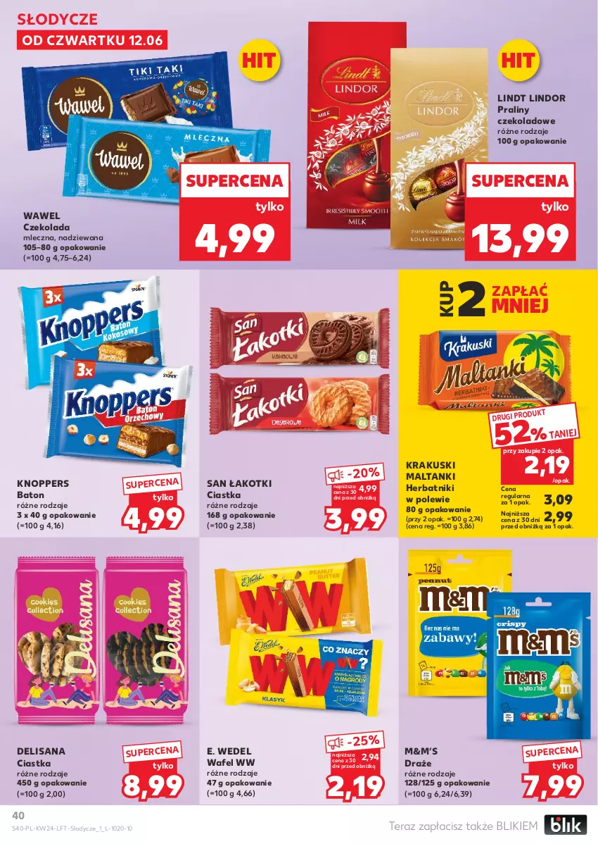 Gazetka promocyjna Kaufland - Gazetka tygodnia - ważna 12.06 do 17.06.2025 - strona 40 - produkty: Baton, Ciastka, Czekolada, E. Wedel, Herbatniki, Isana, Knoppers, Krakus, Krakuski, Lindor, Lindt, Lody, Praliny, Tera, Wawel