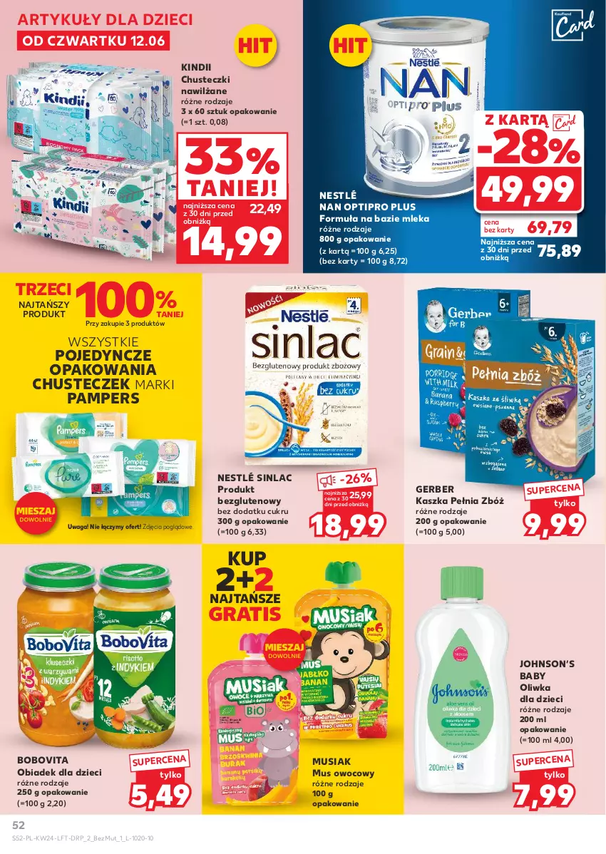 Gazetka promocyjna Kaufland - Gazetka tygodnia - ważna 12.06 do 17.06.2025 - strona 52 - produkty: Baby O, BoboVita, Chusteczki, Dzieci, Gerber, Gra, Kindii, Mus, NAN Optipro, Nestlé, Oliwka dla dzieci, Pampers, Sinlac, Waga