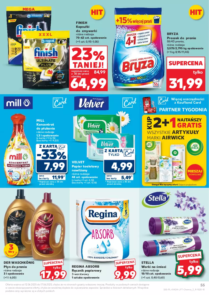 Gazetka promocyjna Kaufland - Gazetka tygodnia - ważna 12.06 do 17.06.2025 - strona 55 - produkty: Bryza, Finish, Gin, Gra, König, Papier, Papier toaletowy, Płyn do prania, Proszek do prania, Ręcznik, Velvet, Waga, Worki na śmiec, Worki na śmieci, Zmywarki