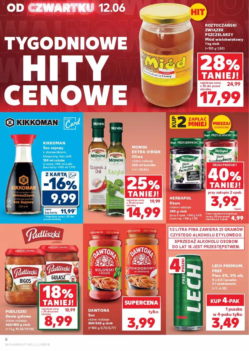 Gazetka promocyjna Kaufland - Gazetka tygodnia - ważna 12.06 do 17.06.2025 - strona 6 - produkty: Danie gotowe, Dawtona, Dozownik, Dżem, Gin, Gra, Herbapol, Lech Premium, Miód, Monini, Oliwa, Piwa, Piwo, Pudliszki, Sos, Sos sojowy