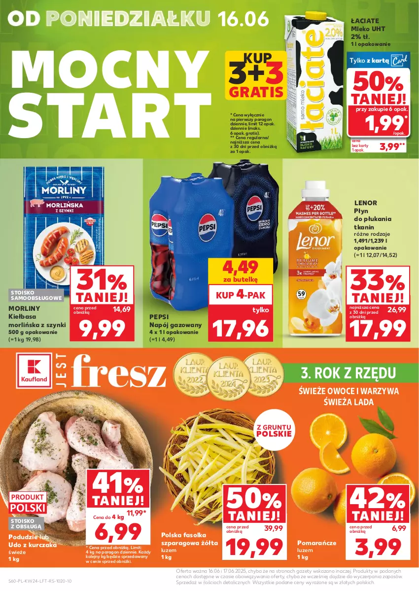 Gazetka promocyjna Kaufland - Gazetka tygodnia - ważna 12.06 do 17.06.2025 - strona 60 - produkty: Fa, Gra, Grunt, Kiełbasa, Kurczak, Lenor, Mleko, Morliny, Napój, Napój gazowany, Olej, Owoce, Pepsi, Płyn do płukania, Pomarańcze, Udo z kurczaka, Warzywa