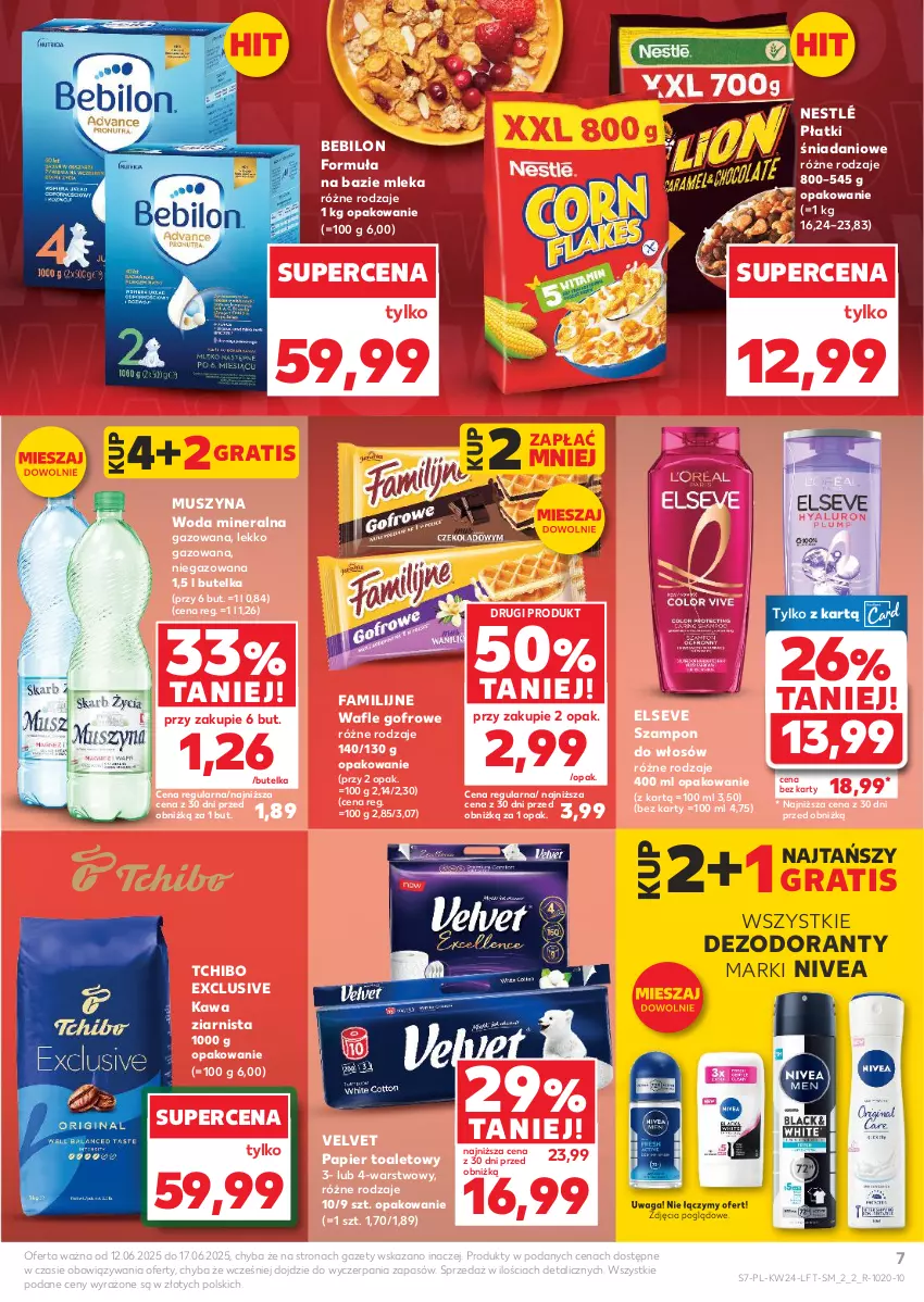 Gazetka promocyjna Kaufland - Gazetka tygodnia - ważna 12.06 do 17.06.2025 - strona 7 - produkty: BEBILON, Danio, Dezodorant, Elseve, Fa, Gra, Kawa, Kawa ziarnista, Mus, Nestlé, Nivea, Papier, Papier toaletowy, Szampon, Szyna, Tchibo, Velvet, Wafle, Waga, Woda, Woda mineralna