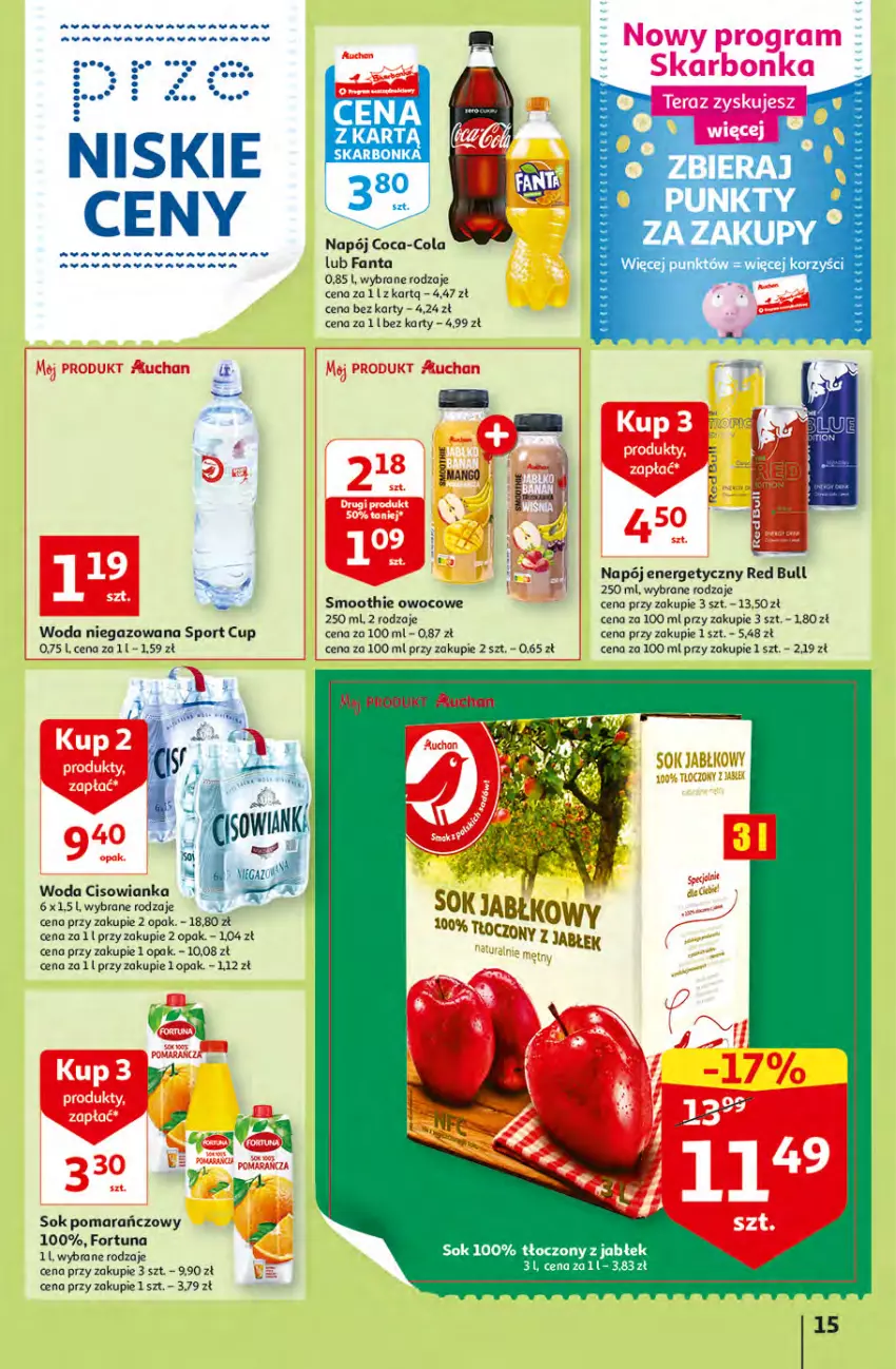 Gazetka promocyjna Auchan - Szkoła oszczędzania Temat PrzeTanie Kupowanie Hipermarkety - ważna 28.07 do 03.08.2022 - strona 15 - produkty: Cisowianka, Coca-Cola, Fa, Fanta, Fortuna, Gra, Napój, Napój energetyczny, Por, Red Bull, Ser, Smoothie, Sok, Sok pomarańczowy, Sport, Tera, Woda, Woda niegazowana