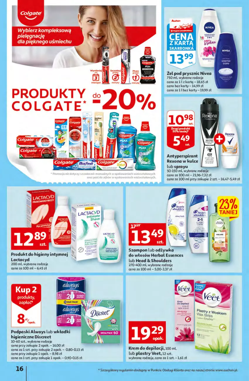 Gazetka promocyjna Auchan - Szkoła oszczędzania Temat PrzeTanie Kupowanie Hipermarkety - ważna 28.07 do 03.08.2022 - strona 16 - produkty: Always, Antyperspirant, Colgate, Discreet, Krem do depilacji, Lactacyd, LG, Nivea, Odżywka, Podpaski, Rexona, Szampon, Veet, Wkładki