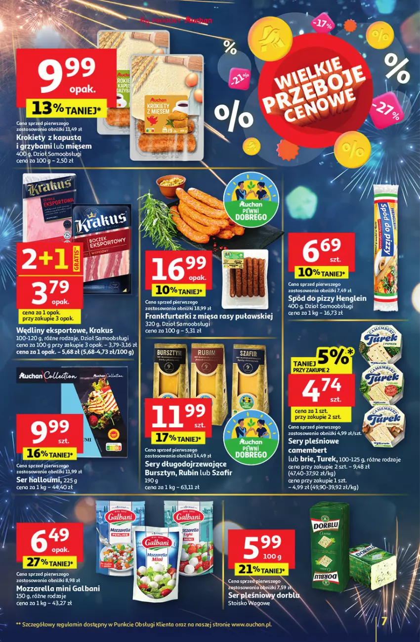 Gazetka promocyjna Auchan - Sylwestrowe Okazje - ważna 27.12 do 31.12.2025 - strona 7 - produkty: Brie, Bursztyn, Camembert, Fa, Frankfurterki, Galbani, Krakus, Mozzarella, Por, Rubin, Ser, Spód do pizzy, Sport, Top