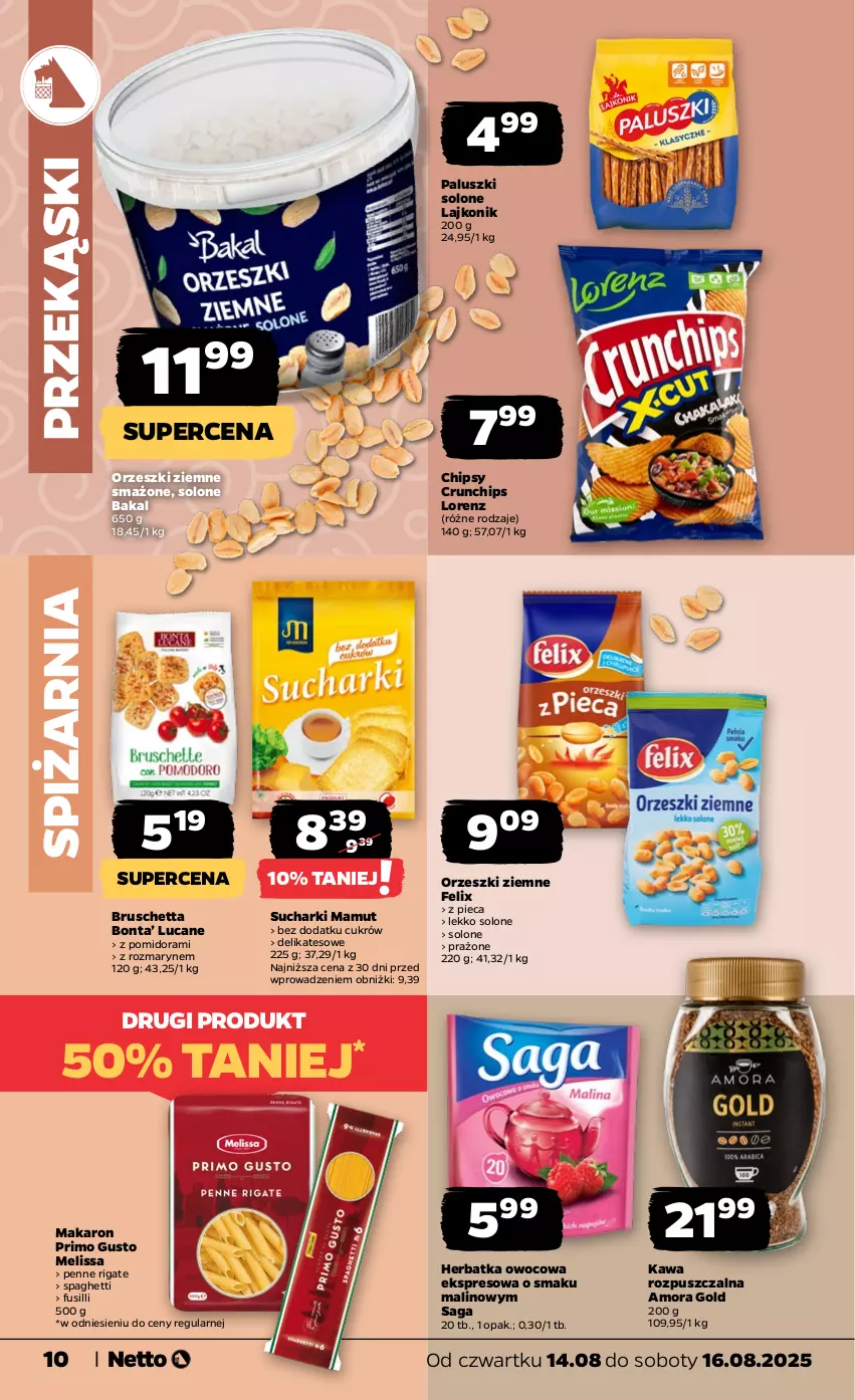 Gazetka promocyjna Netto - Od Czwartku - ważna 14.08 do 16.08.2025 - strona 10 - produkty: Chipsy, Crunchips, Felix, Kawa, Kawa rozpuszczalna, Lajkonik, Lorenz, Makaron, Orzeszki, Orzeszki ziemne, Penne, Piec, Saga, Spaghetti