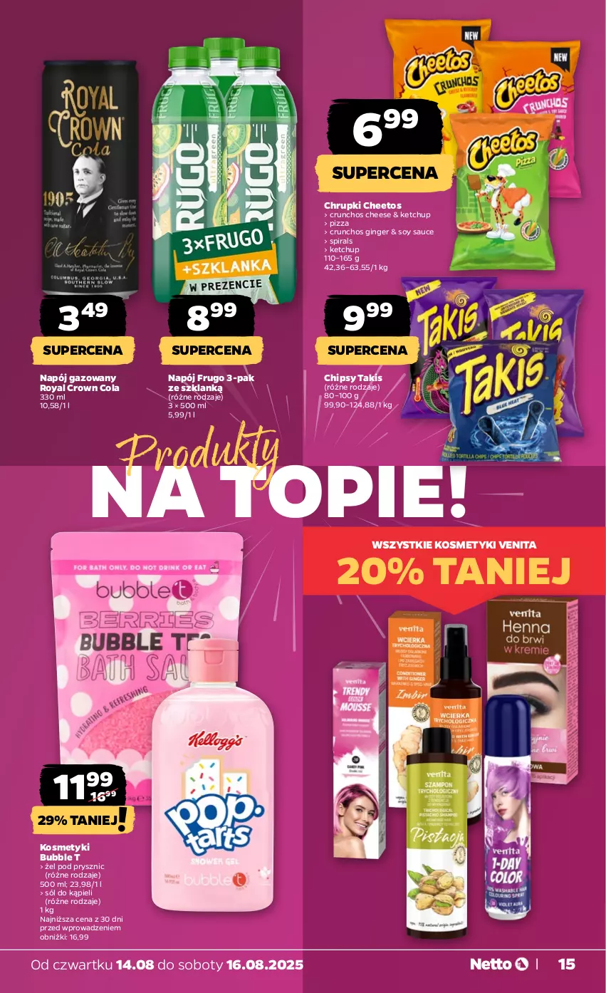 Gazetka promocyjna Netto - Od Czwartku - ważna 14.08 do 16.08.2025 - strona 15 - produkty: Cheetos, Chipsy, Chrupki, Gin, Ketchup, Napój, Napój gazowany, Pizza, Sól, Sól do kąpieli, Top