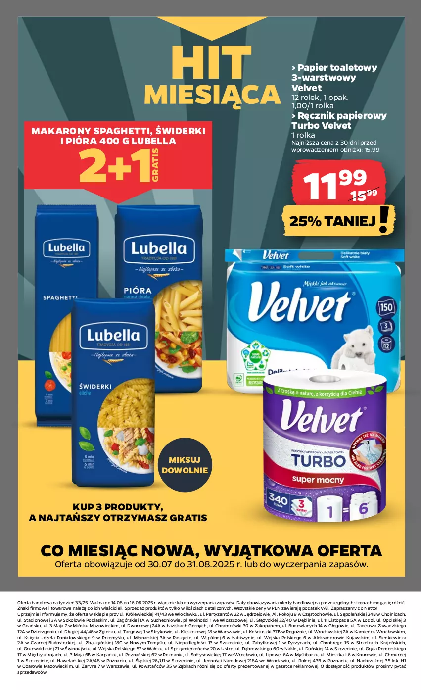 Gazetka promocyjna Netto - Od Czwartku - ważna 14.08 do 16.08.2025 - strona 17 - produkty: Bell, Bella, Fa, Gra, Gry, Karp, Kujawski, Lubella, Makaron, Papier, Papier toaletowy, Podlaski, Ręcznik, Sok, Spaghetti, Stock, Top, Velvet, Wino