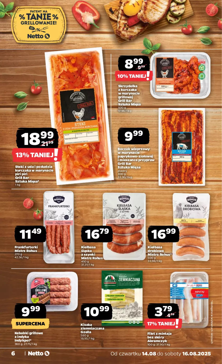 Gazetka promocyjna Netto - Od Czwartku - ważna 14.08 do 16.08.2025 - strona 6 - produkty: Boczek, Boczek wieprzowy, Filet z mintaja, Frankfurterki, Grill, Kebab, Kiełbasa, Kiełbasa śląska, Kurczak, Mintaj, Skrzydełka z kurczaka, Stek