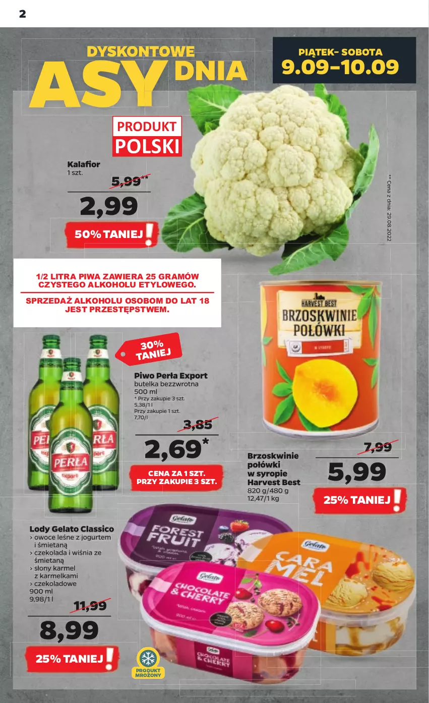 Gazetka promocyjna Netto - Artykuły spożywcze - ważna 08.09 do 14.09.2022 - strona 2 - produkty: Brzoskwinie, Czekolada, Gra, Jogurt, Kalafior, Lody, Owoce, Perła, Piwa, Piwo, Por, Syrop