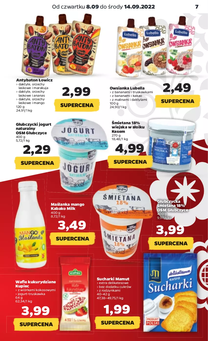 Gazetka promocyjna Netto - Artykuły spożywcze - ważna 08.09 do 14.09.2022 - strona 7 - produkty: Ananas, Baton, Bell, Bella, Daktyle, Jogurt, Jogurt naturalny, Kakao, Kokos, Kupiec, Lubella, Mango, Maślanka, Owsianka, Piec, Wafle