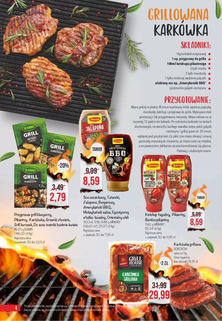 Gazetka promocyjna Arhelan - Gazetka - ważna 24.04 do 07.05.2023 - strona 4 - produkty: Burger, Glazura, Grill, Kamis, Kawa, Ketchup, Kurczak, Lazur, Mięso, Miód, Mus, Przyprawy, Salsa, Sok, Sokołów, Sos, Sos czosnkowy, Stek, Winiary