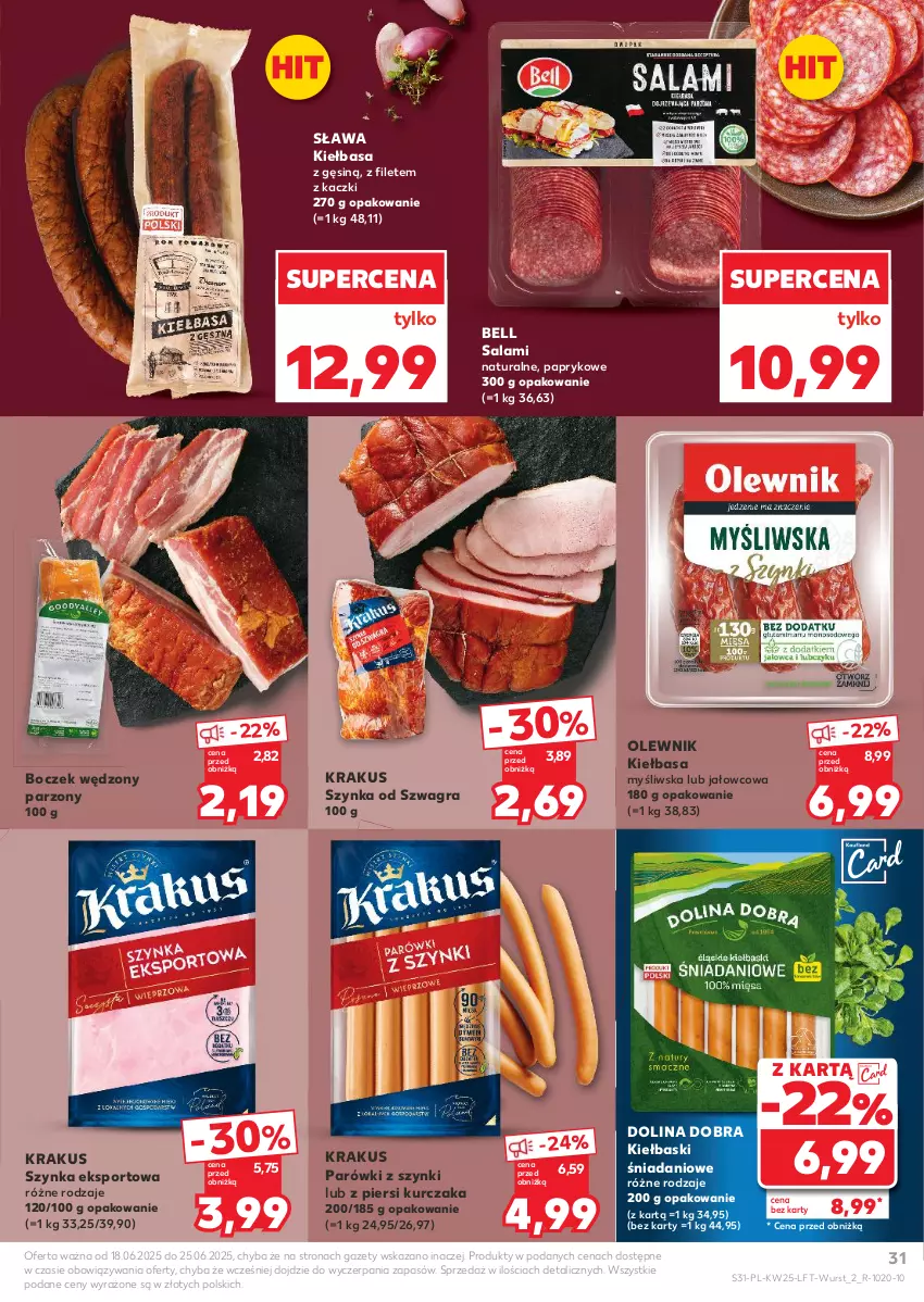 Gazetka promocyjna Kaufland - Gazetka tygodnia - ważna 18.06 do 25.06.2025 - strona 31 - produkty: Bell, Boczek, Danio, Gra, Kiełbasa, Krakus, Kurczak, Olewnik, Parówki, Parówki z szynki, Por, Salami, Sport, Szynka