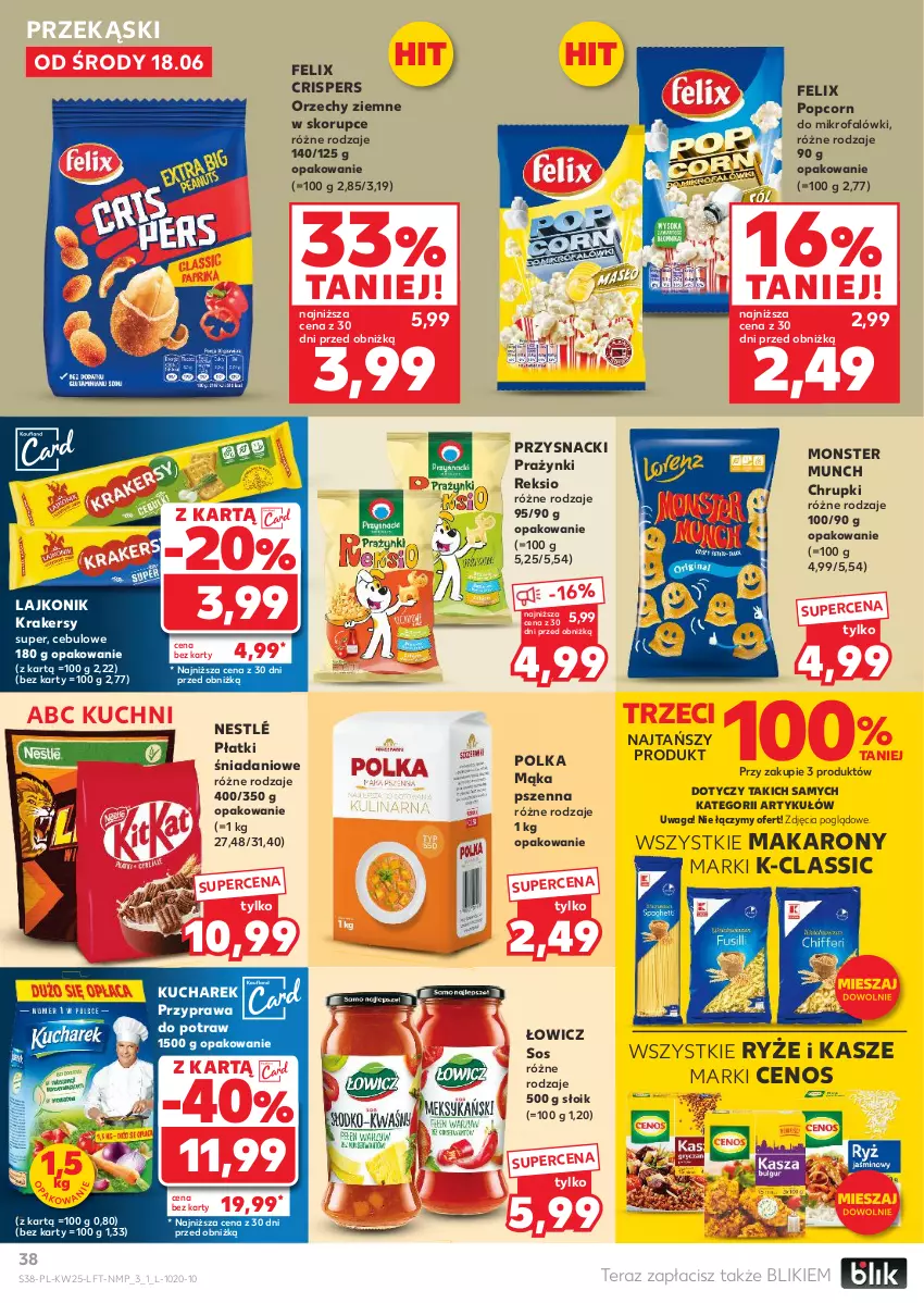 Gazetka promocyjna Kaufland - Gazetka tygodnia - ważna 18.06 do 25.06.2025 - strona 38 - produkty: Cenos, Chrupki, Danio, Fa, Felix, Krakersy, Kucharek, Lajkonik, Mąka, Mąka pszenna, Makaron, Monster Munch, Nestlé, Popcorn, Przyprawa do potraw, Przysnacki, Ryż, Sos, Tera, Waga