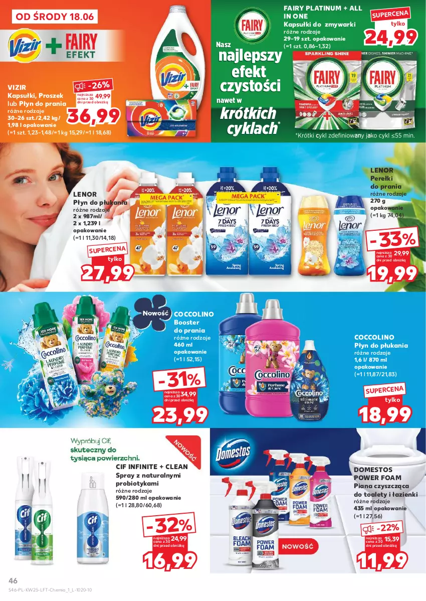 Gazetka promocyjna Kaufland - Gazetka tygodnia - ważna 18.06 do 25.06.2025 - strona 46 - produkty: Booster, Cif, Coccolino, Domestos, Fa, Fairy, Lenor, Płyn do płukania, Płyn do prania, Probiotyk, Vizir, Zmywarki