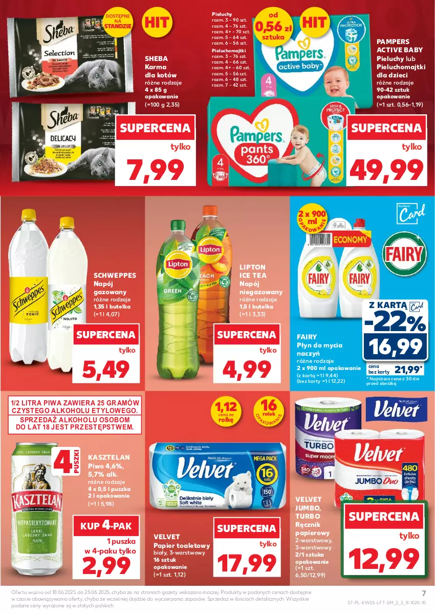 Gazetka promocyjna Kaufland - Gazetka tygodnia - ważna 18.06 do 25.06.2025 - strona 7 - produkty: Do mycia naczyń, Dzieci, Fa, Fairy, Gra, Ice tea, Kasztelan, Lipton, Majtki, Napój, Napój gazowany, Napój niegazowany, Pampers, Papier, Papier toaletowy, Pieluchomajtki, Pieluchy, Piwa, Piwo, Płyn do mycia, Płyn do mycia naczyń, Ręcznik, Schweppes, Sheba, Velvet