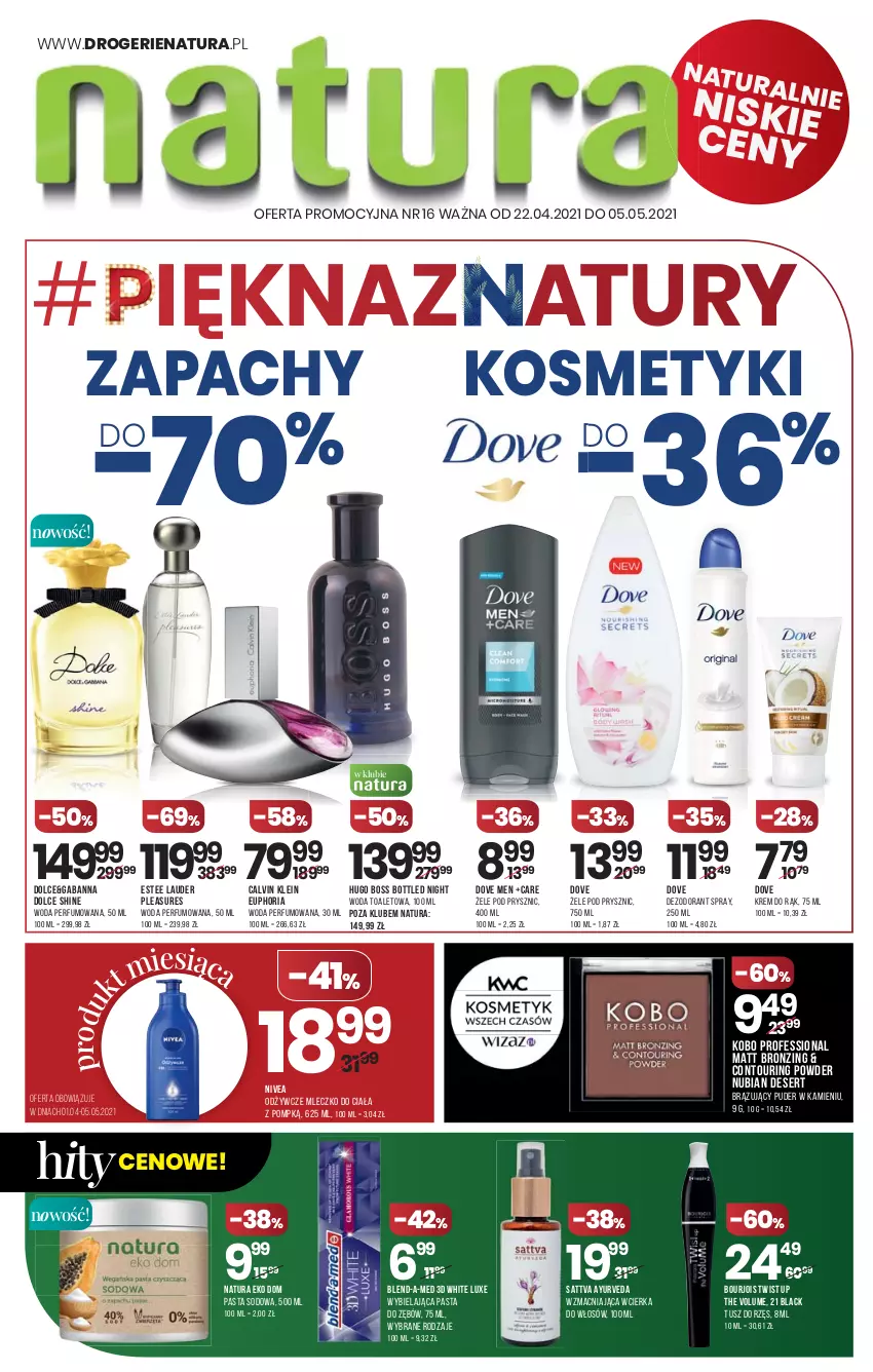 Gazetka promocyjna Drogerie Natura - Gazetka Drogerie Natura - ważna 22.04 do 05.05.2021 - strona 1 - produkty: Blend-a-Med, Bourjois, Calvin Klein, Deser, Dezodorant, Dove, Hugo Boss, KOBO, Krem do rąk, Lack, Mleczko, Mleczko do ciała, Nivea, Pasta do zębów, Perfum, Puder, Ser, Tusz, Woda, Woda perfumowana, Woda toaletowa