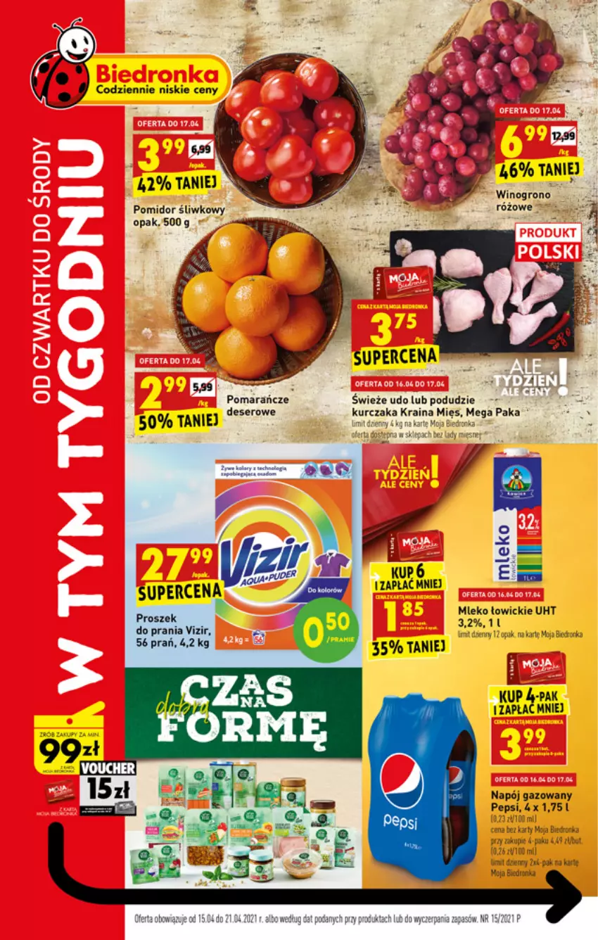 Gazetka promocyjna Biedronka - W tym tygodniu - ważna 15.04 do 21.04.2021 - strona 1 - produkty: Deser, Fa, Kurczak, Mleko, Napój, Napój gazowany, Pepsi, Pomarańcze, Proszek do prania, Ser, Vizir, Wino