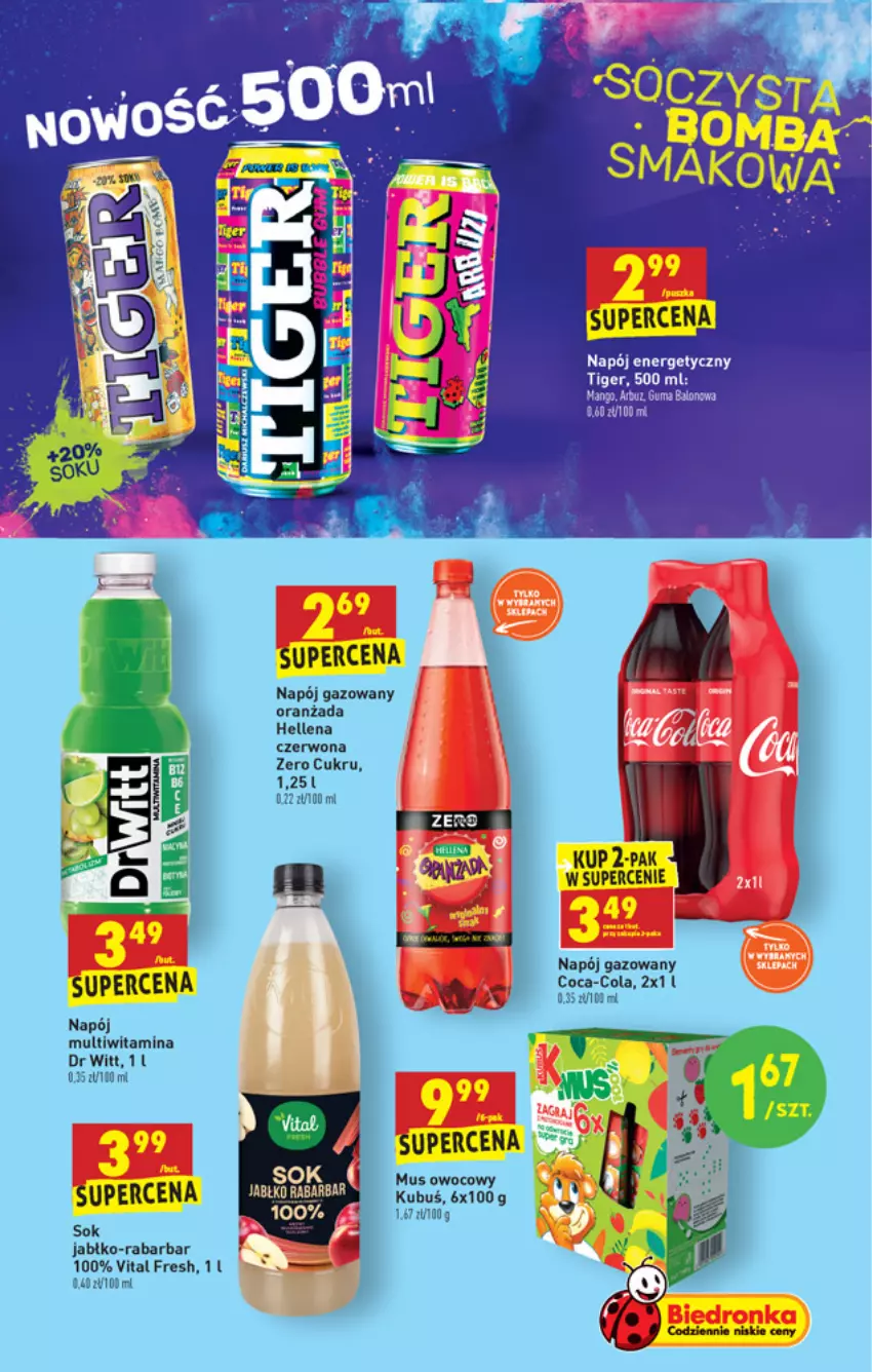 Gazetka promocyjna Biedronka - W tym tygodniu - ważna 15.04 do 21.04.2021 - strona 43 - produkty: Arbuz, Coca-Cola, Hellena, Kubuś, Mus, Napój, Napój gazowany, Oranżada, Sok, Tiger