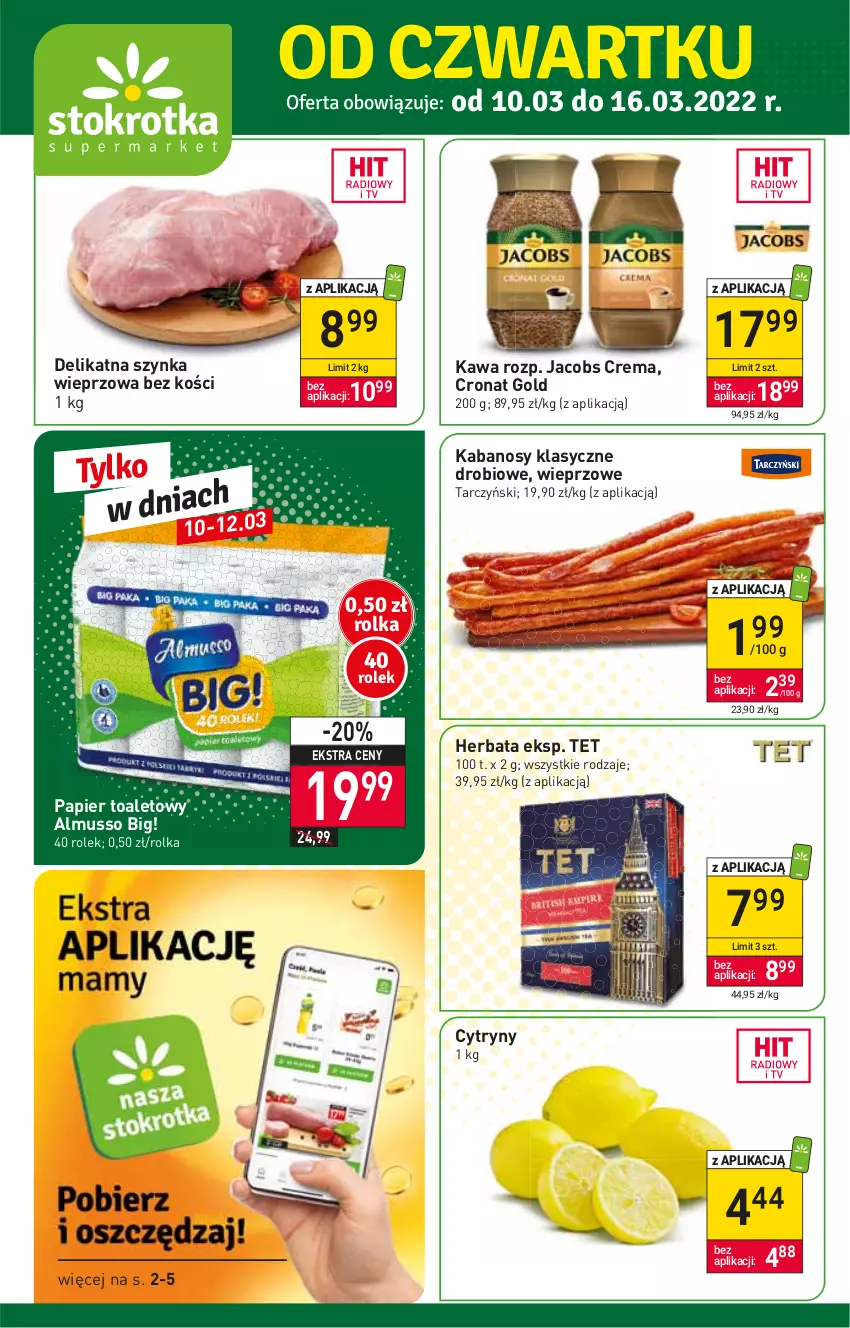 Gazetka promocyjna Stokrotka - Supermarket - ważna 10.03 do 16.03.2022 - strona 1 - produkty: Cytryny, Herbata, Jacobs, Kabanos, Kawa, Mus, Papier, Papier toaletowy, Szynka, Szynka wieprzowa, Tarczyński