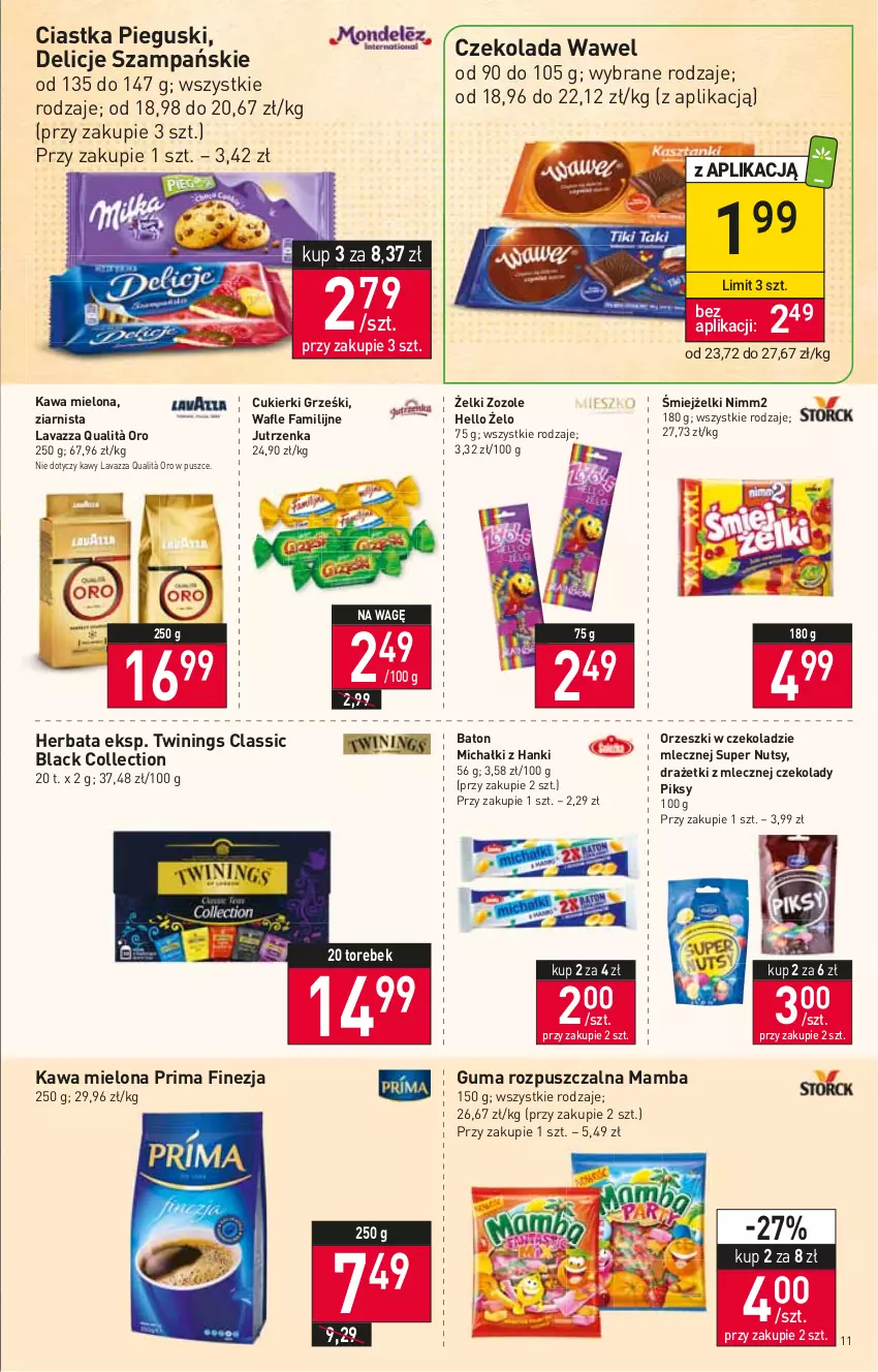 Gazetka promocyjna Stokrotka - Supermarket - ważna 10.03 do 16.03.2022 - strona 11 - produkty: Baton, Ciastka, Cukier, Cukierki, Czekolada, Delicje, Fa, Grześki, Guma rozpuszczalna, Herbata, Jutrzenka, Kawa, Kawa mielona, Lack, Lavazza, Mamba, Michałki, Nimm2, Orzeszki, Prima, Wafle, Wawel