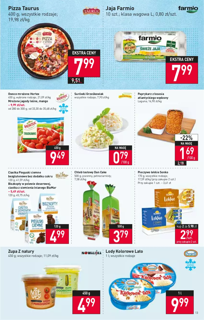 Gazetka promocyjna Stokrotka - Supermarket - ważna 10.03 do 16.03.2022 - strona 13 - produkty: Biszkopty, Chleb, Chleb tostowy, Ciastka, Dan Cake, Deser, Fa, Hortex, Jagody, Jaja, Lody, Mango, Owoce, Papryka, Paprykarz, Piec, Pieczywo, Pizza, Ser, Sonko, Sos, Zupa