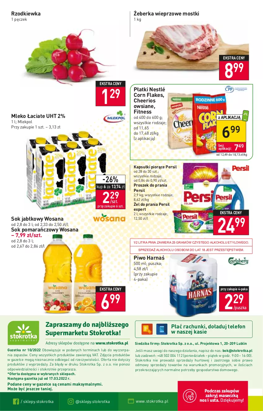 Gazetka promocyjna Stokrotka - Supermarket - ważna 10.03 do 16.03.2022 - strona 20 - produkty: Cheerios, Corn flakes, Gra, Harnaś, Mleko, Nestlé, O nas, Persil, Piwa, Piwo, Proszek do prania, Rzodkiewka, Sok, Sok jabłkowy, Sok pomarańczowy, Telefon, Wagi, Wosana