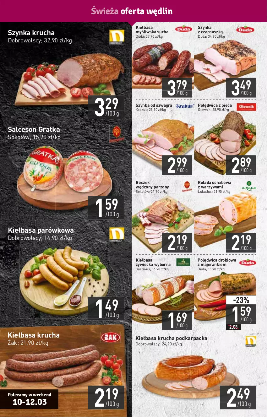 Gazetka promocyjna Stokrotka - Supermarket - ważna 10.03 do 16.03.2022 - strona 8 - produkty: Boczek, Duda, Gra, HP, Karp, Kiełbasa, Kiełbasa krucha, Krakus, Olewnik, Piec, Polędwica, Rolada, Salceson, Sok, Sokołów, Szynka, Warzywa