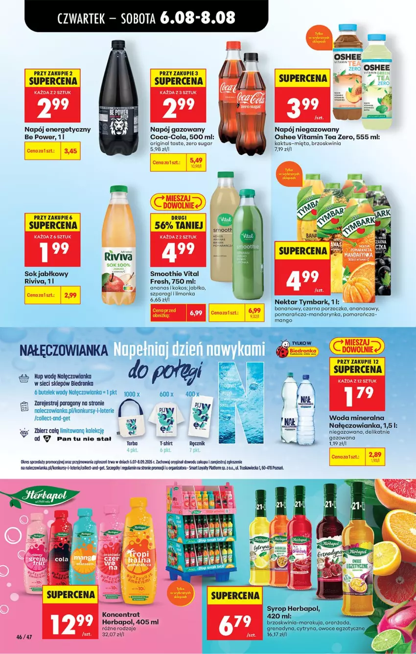 Gazetka promocyjna Biedronka - Od Czwartku - ważna 06.08 do 08.08.2026 - strona 74 - produkty: Ananas, Coca-Cola, Gin, Herbapol, Kaktus, Kokos, Limonka, Mango, Mięta, Nałęczowianka, Napój, Napój energetyczny, Napój gazowany, Napój niegazowany, Nektar, Oshee, Por, Ręcznik, Smoothie, Sok, Sok jabłkowy, T-shirt, Torba, Tymbark, Woda, Woda mineralna